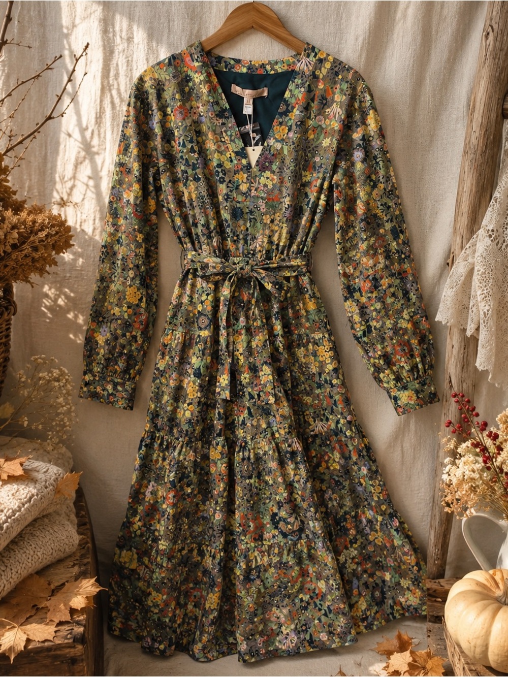 Hutch Floral Long Sleeve Dress in Green and Yellow